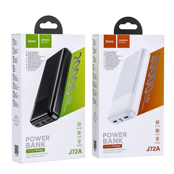 J72A Easy travel, power bank 20000mAh, Micro-USB / Type-C input and dual USB 2A output, with LED indicator 1. Capacity: 20000mAh 74Wh. Rated capacity: 11800mAh. 2. Input: Micro-USB / Type-C, 5V/2A max. 3. Output: USB 1/2 – 5V / 2A max. Total output: 5V / 2A max. 4. Display: LED indicator of power level. 5. Material: ABS + PC flame-retardant shell + lithium polymer battery. 6. Sizes: 145*68*28mm. Weight: 400g.